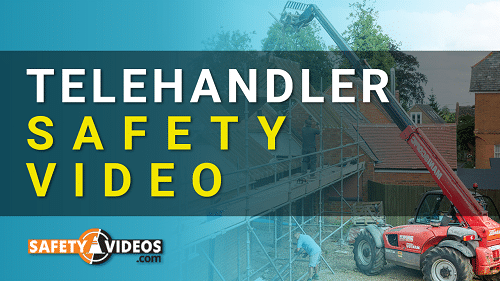 Promotional image for a 'Telehandler Safety Video.' The background features a red telehandler lifting materials near a building under construction, with scaffolding and a worker visible. The text overlay reads 'Telehandler Safety Video' in large white and yellow letters. The logo for SafetyVideos.com is displayed in the bottom left corner.