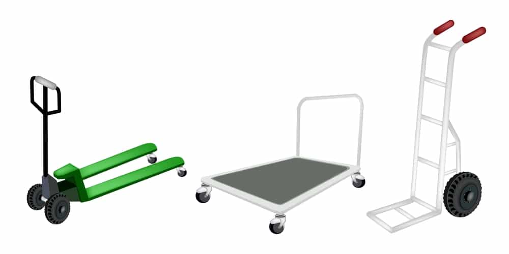 Four different types of hand trucks on a white background.