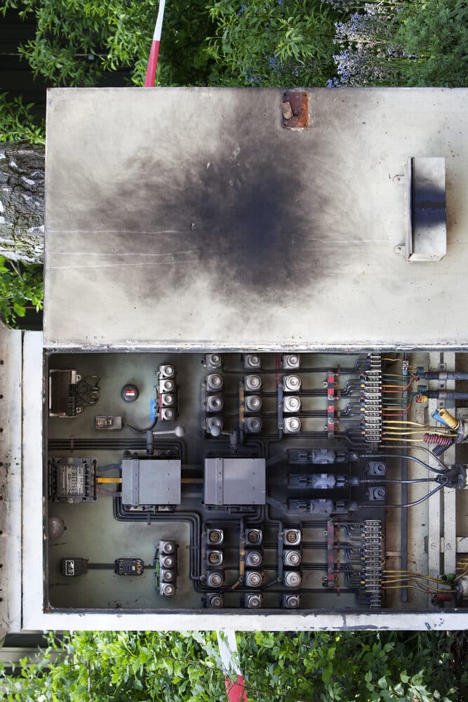 A box with a lot of wires in it that has started on fire