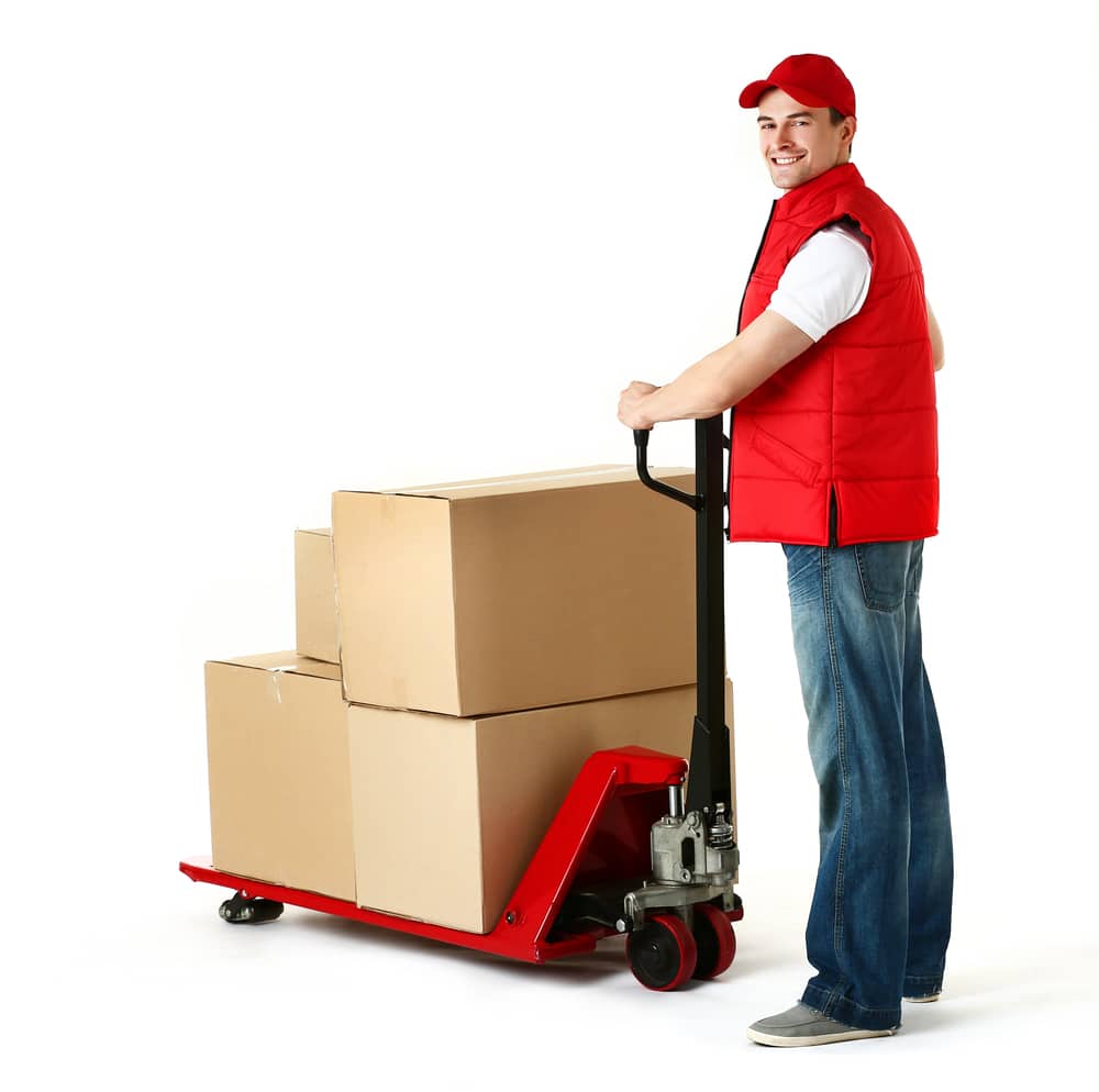 A man with a forklift pushing boxes on a white background.