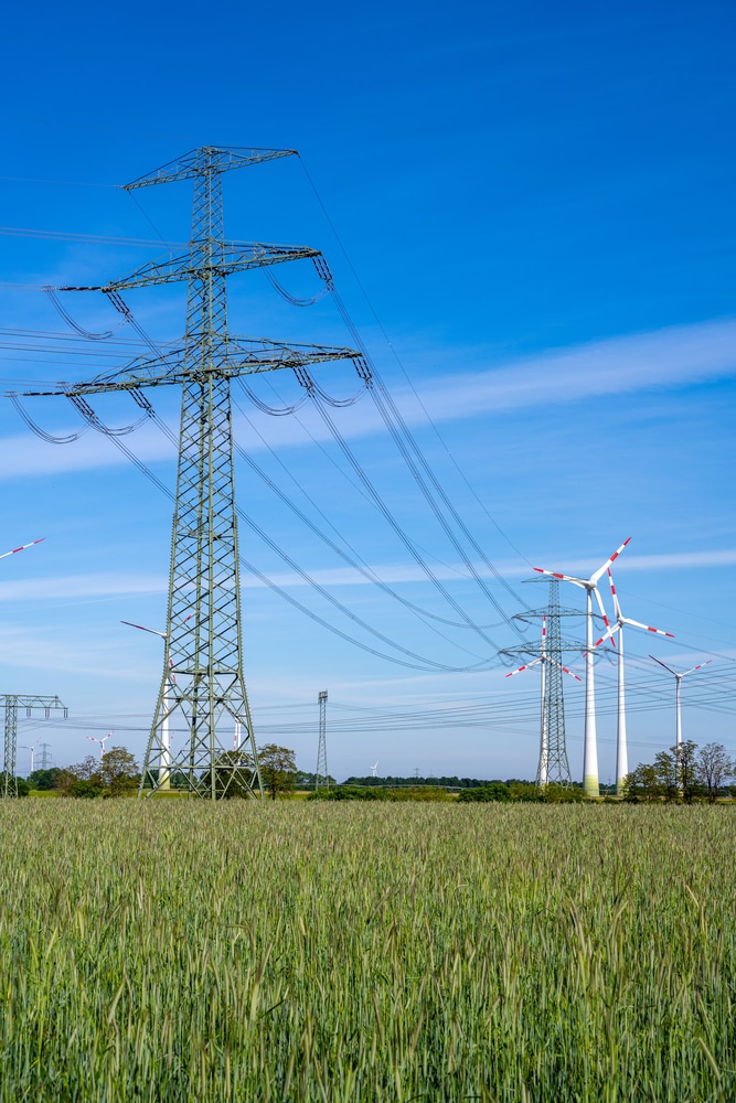 Overhead power lines in a field