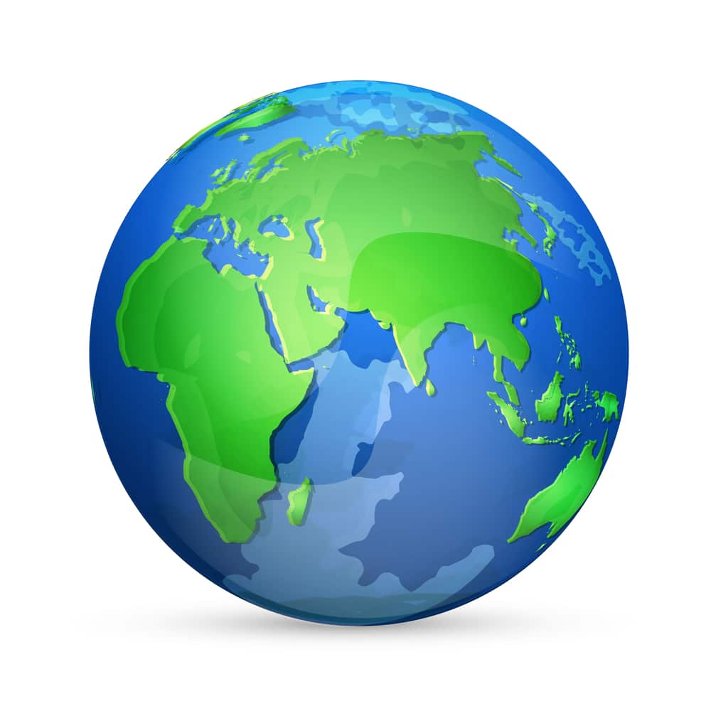 A blue and green globe on a white background.