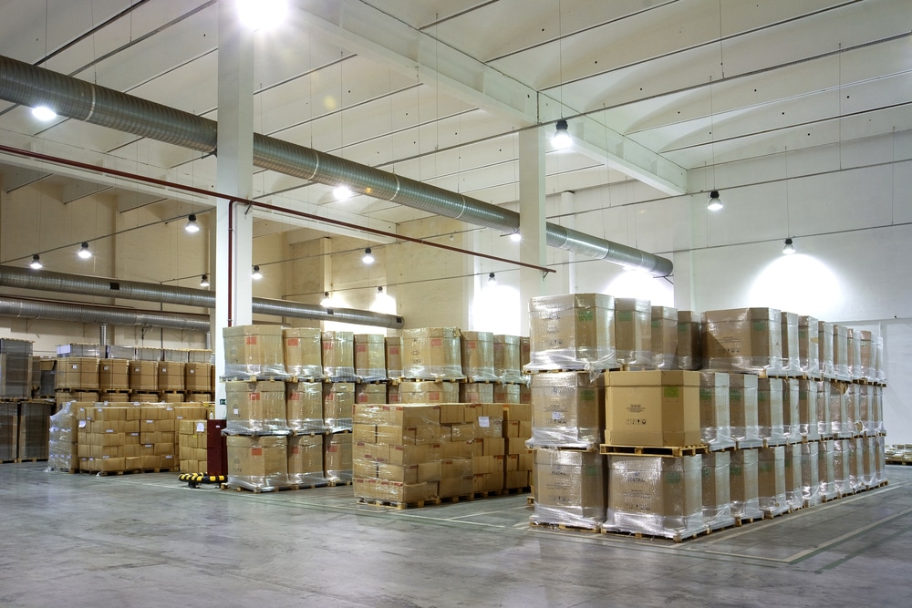 A large warehouse filled with pallets.