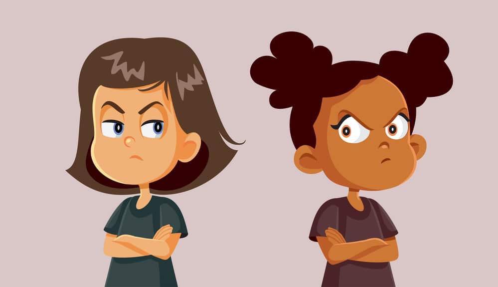 A cartoon illustration of two girls with their arms crossed looking at each other glaringly