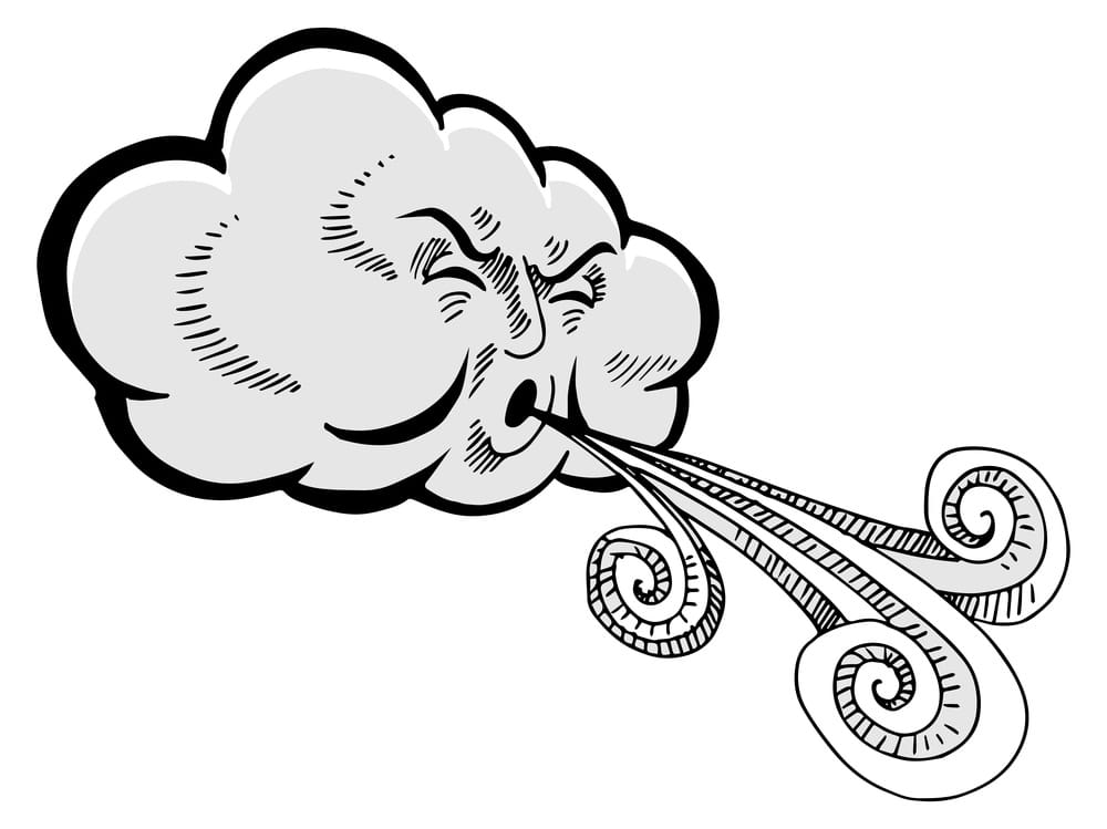A black and white drawing of a cloud with blowing wind