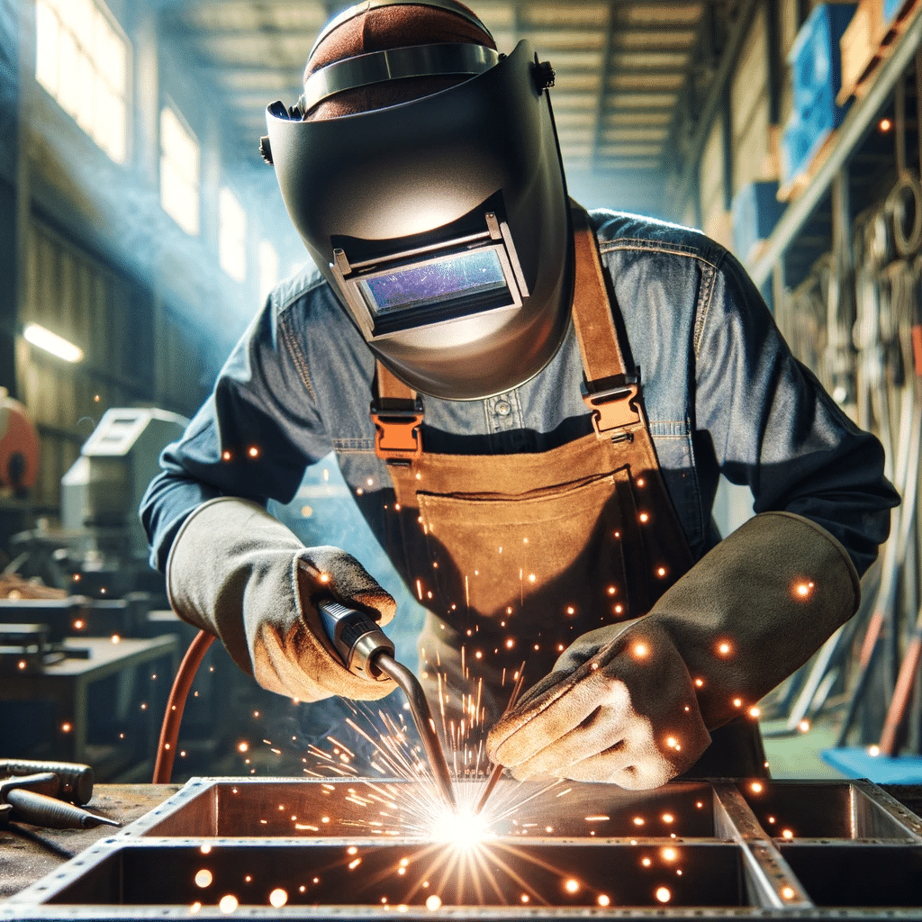 A welder working in a factory with sparks.