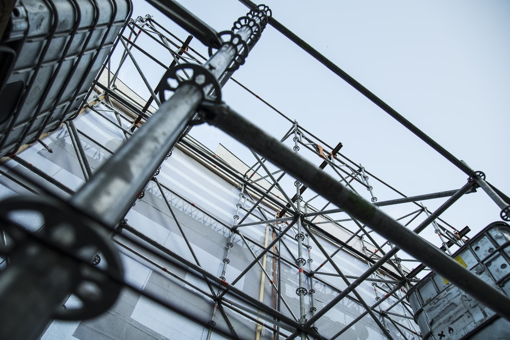 A close up of scaffolding on a building.