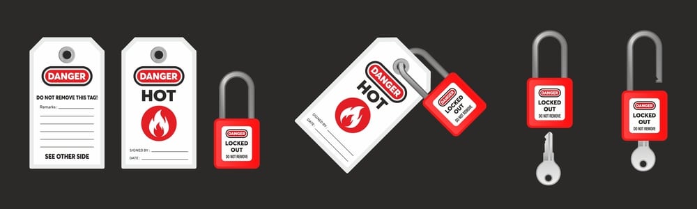 A set of hot tags with locks used for lockout tagout procedures on black background.