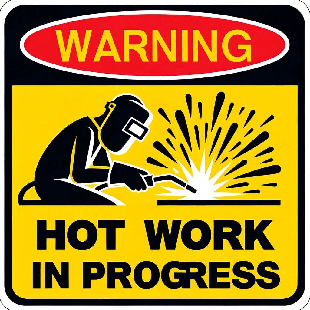 Warning hot work in progress sign.