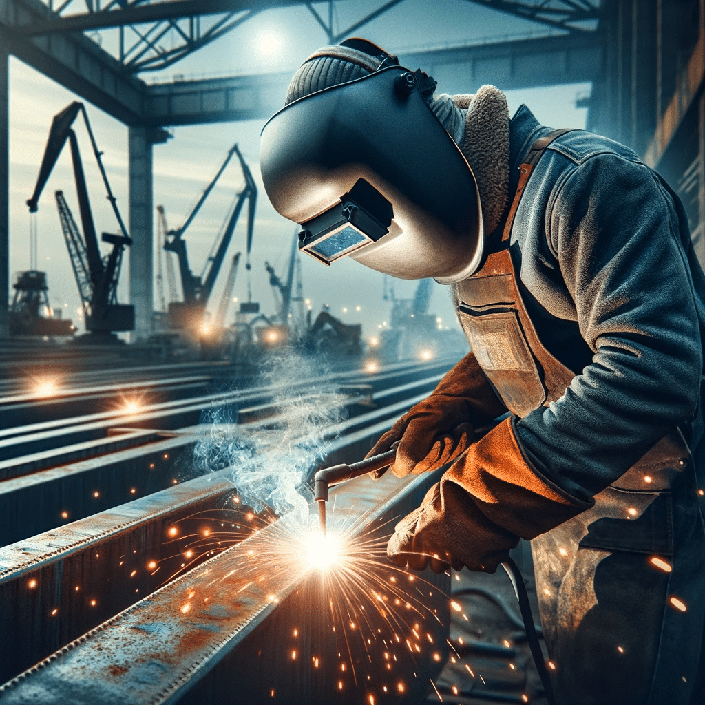 A welder is welding steel in a factory.