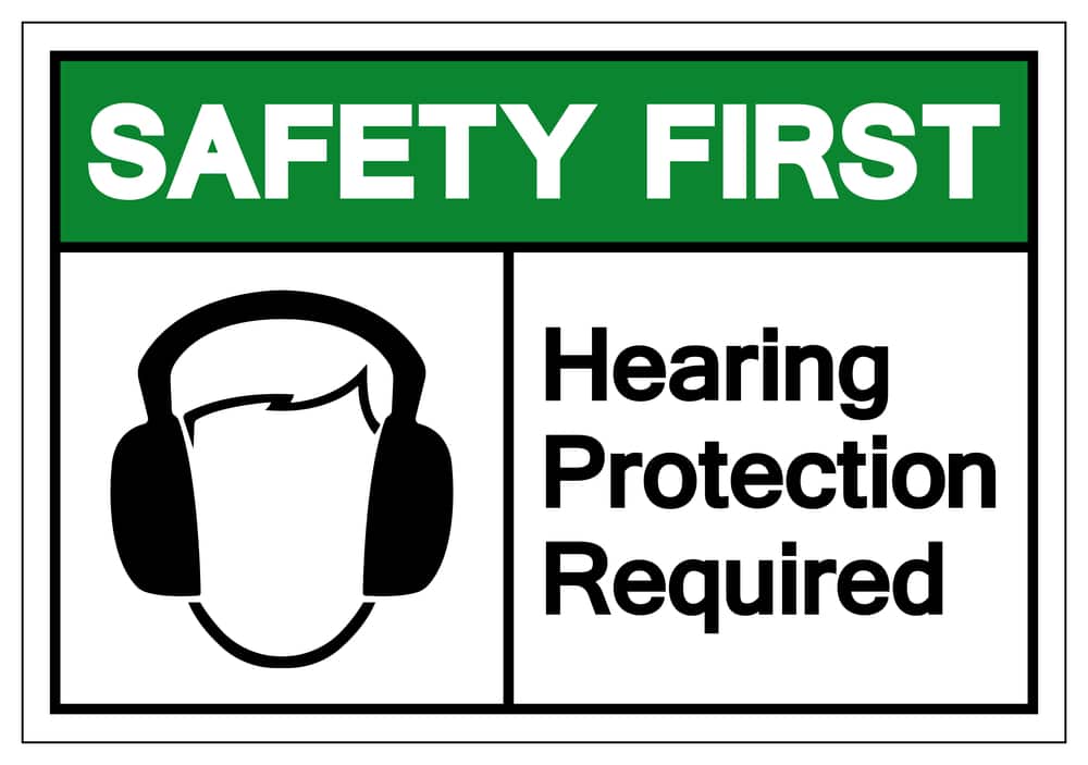 Safety first hearing protection required sign.