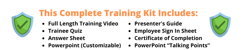Complete Lockout Tagout Training Kit Includes: Full Length LOTO Training Video, Trainee Quiz, Answer Sheet, Customizable PowerPoint, Presenter’s Guide, Employee Sign In Sheet, Certificate of Completion, and PowerPoint 'Talking Points'. Two green shields with check marks are displayed on either side of the text.